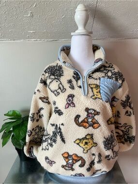 Disney Cream Sherpa Pullover with Light Blue Trim and Multicolor Character Print